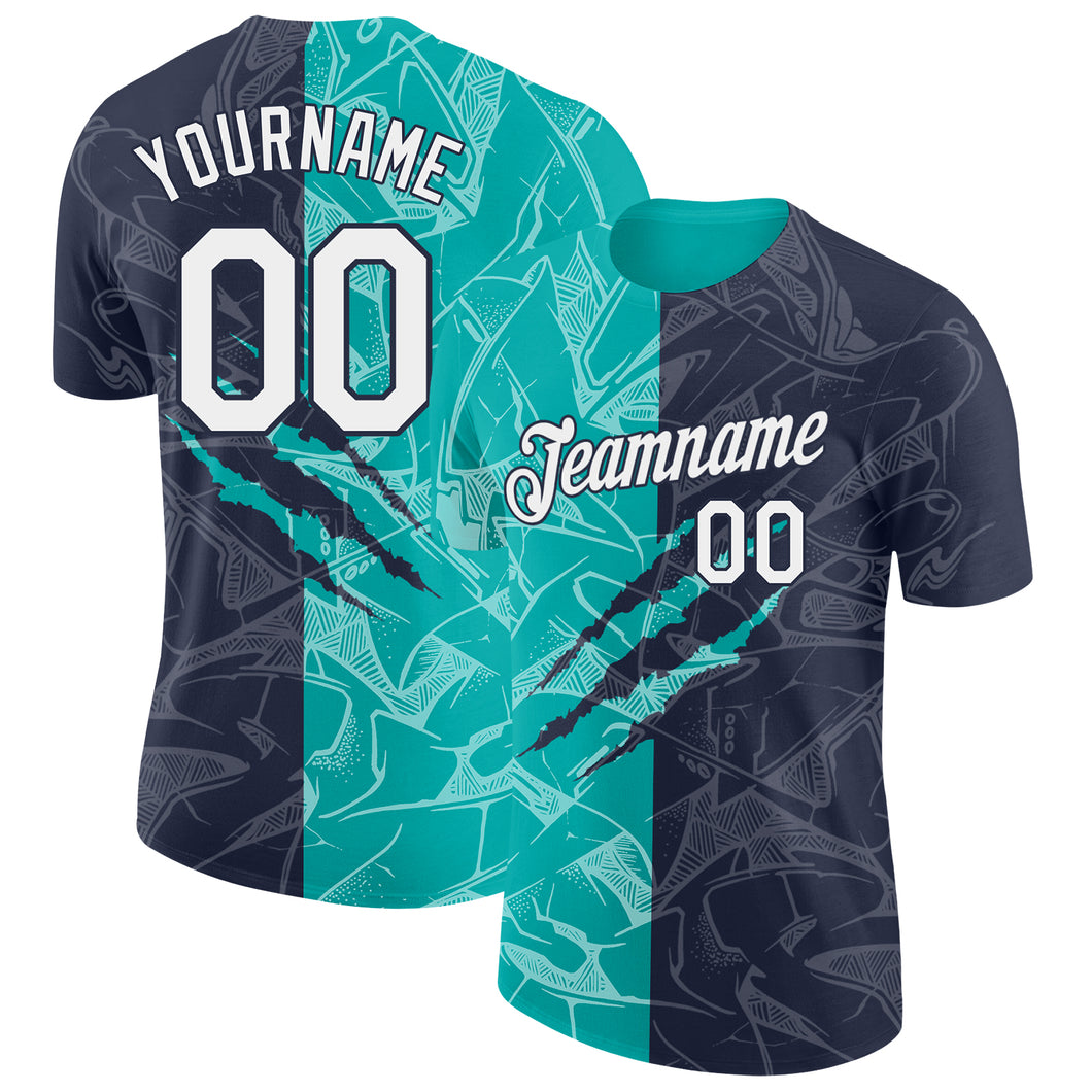 Custom Graffiti Pattern White Navy-Aqua Scratch 3D Performance T-Shirt