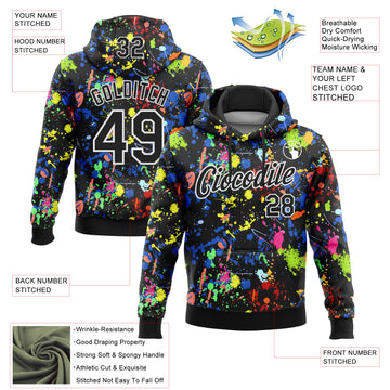 Custom Stitched Graffiti Pattern Black-White 3D Splash Grunge Art Sports Pullover Sweatshirt Hoodie