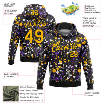 Custom Stitched Graffiti Pattern Gold-Black 3D Splash Grunge Art Sports Pullover Sweatshirt Hoodie