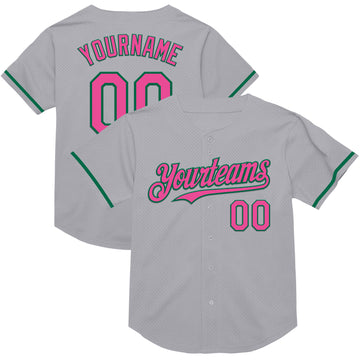 Custom Gray Pink-Kelly Green Mesh Authentic Throwback Baseball Jersey