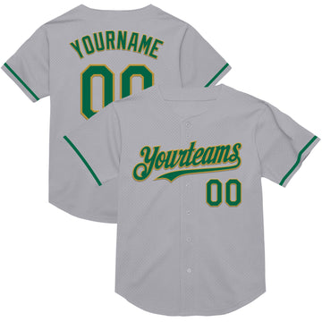 Custom Gray Kelly Green-Old Gold Mesh Authentic Throwback Baseball Jersey