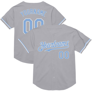 Custom Gray Light Blue-White Mesh Authentic Throwback Baseball Jersey