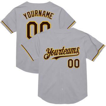 Custom Gray Brown-Yellow Mesh Authentic Throwback Baseball Jersey