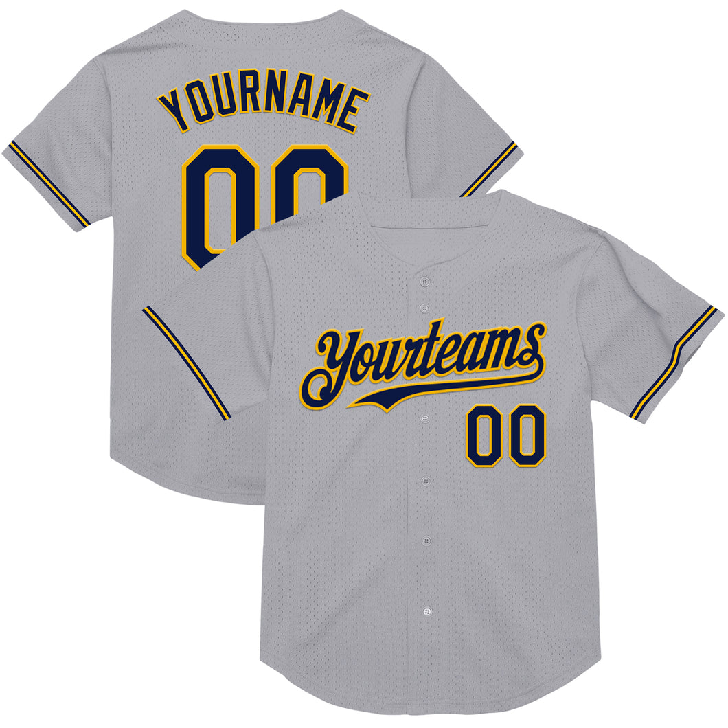 Custom Gray Navy-Gold Mesh Authentic Throwback Baseball Jersey