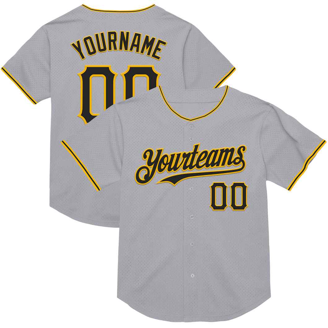 Custom Gray Black-Gold Mesh Authentic Throwback Baseball Jersey