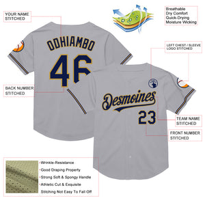Custom Gray Navy-Old Gold Mesh Authentic Throwback Baseball Jersey