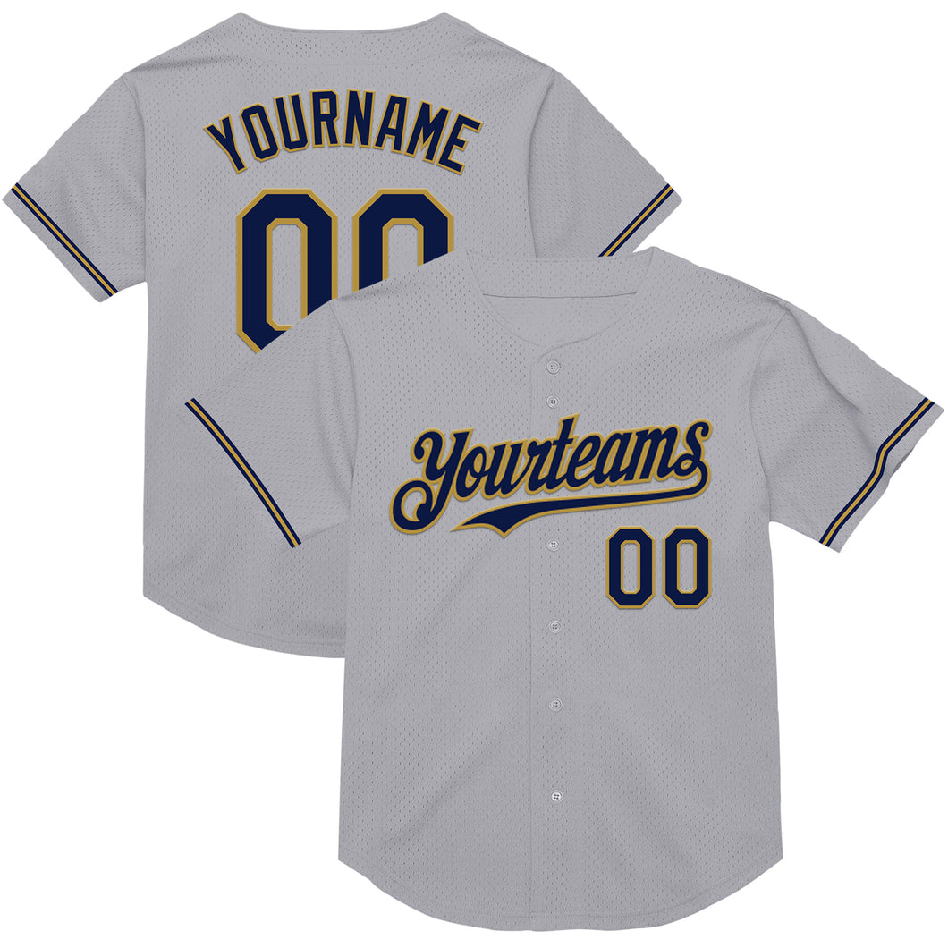 Custom Gray Navy-Old Gold Mesh Authentic Throwback Baseball Jersey