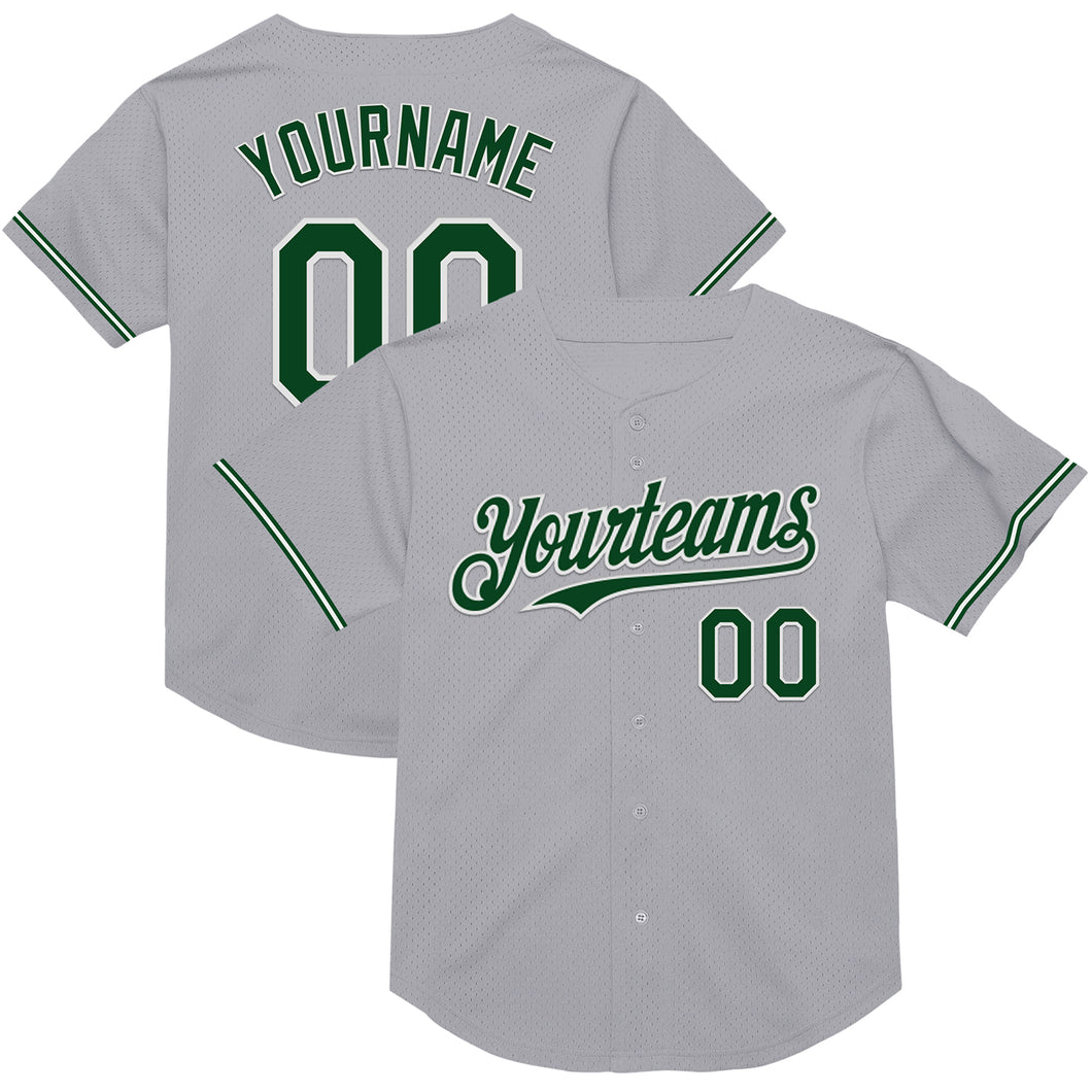 Custom Gray Green-White Mesh Authentic Throwback Baseball Jersey