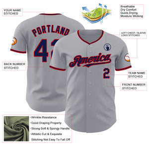 Custom Gray Navy-Red Authentic Baseball Jersey