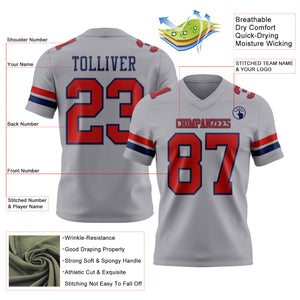 Custom Gray Red-Navy Mesh Authentic Football Jersey