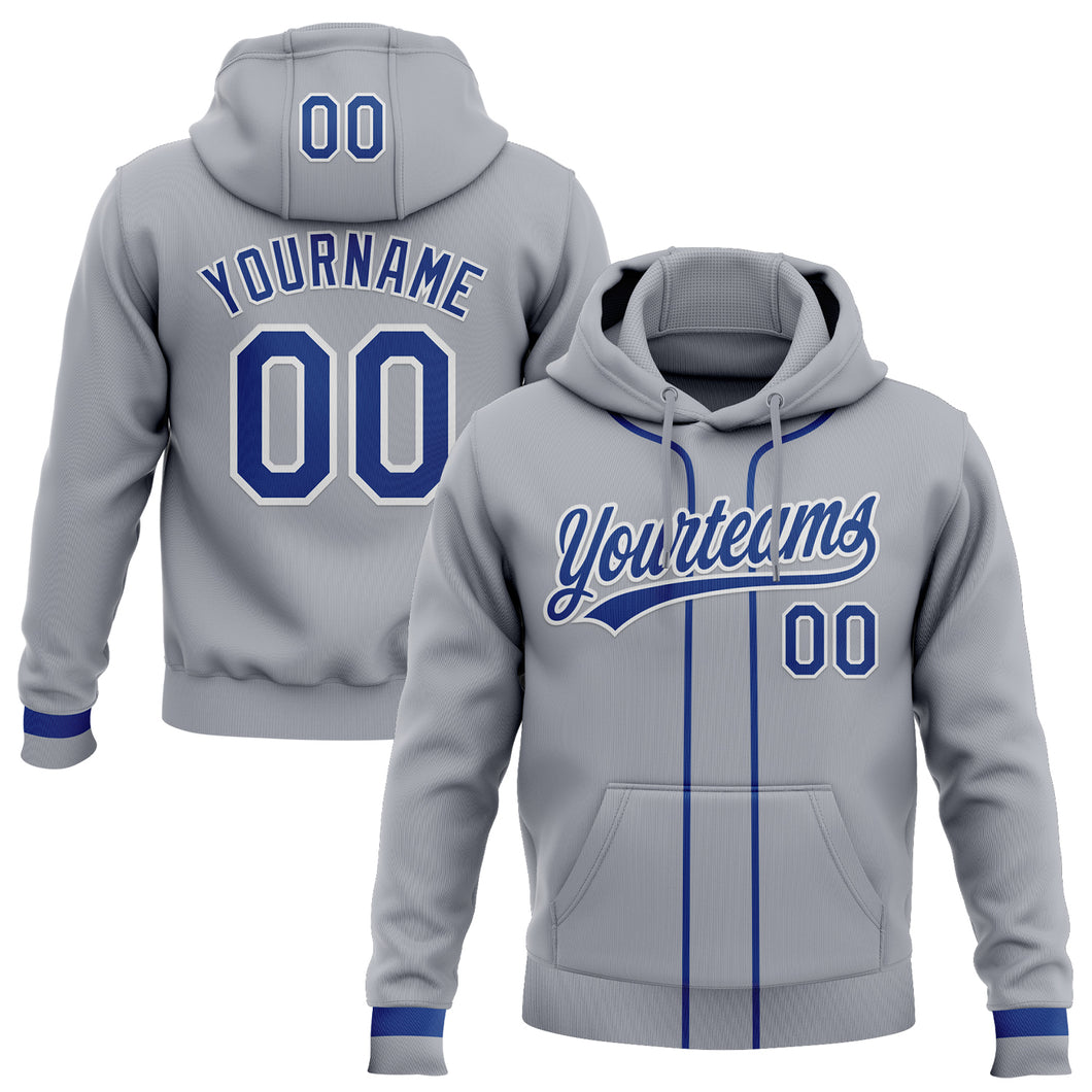Custom Stitched Gray Royal-White Baseball Pullover Sweatshirt Hoodie