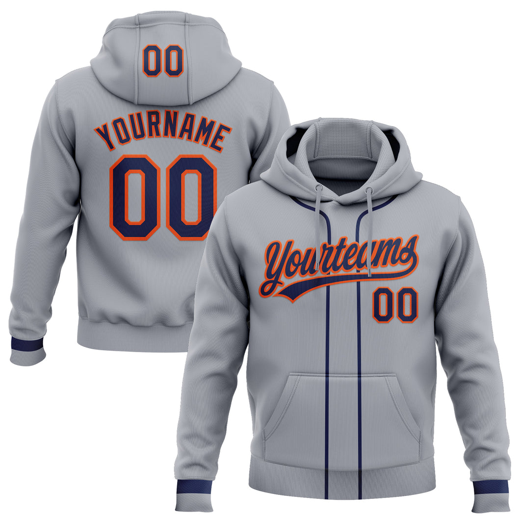 Custom Stitched Gray Navy-Orange Baseball Pullover Sweatshirt Hoodie