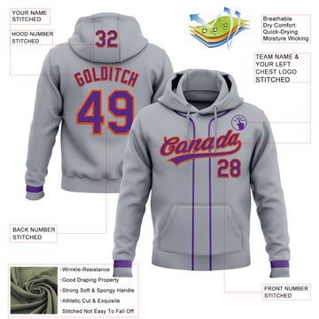 Custom Stitched Gray Purple-Orange Baseball Pullover Sweatshirt Hoodie