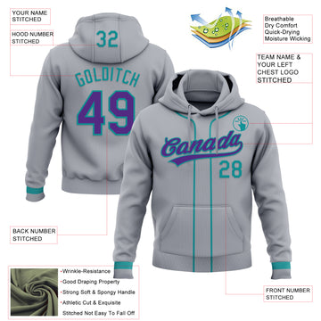 Custom Stitched Gray Purple-Teal Baseball Pullover Sweatshirt Hoodie