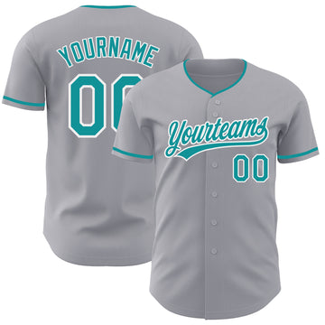 Custom Gray Teal-White Authentic Baseball Jersey