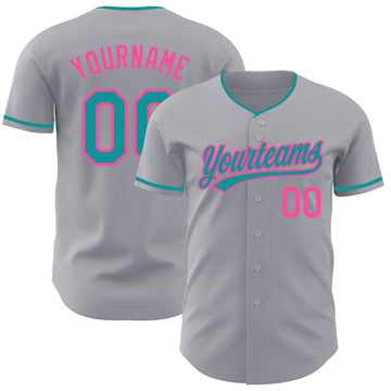 Custom Gray Teal-Pink Authentic Baseball Jersey