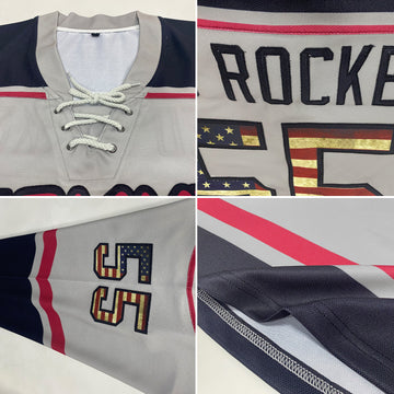 Custom Gray Vintage USA Flag Black-Crimson Hockey Lace Neck Jersey