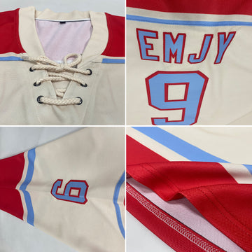 Custom Cream Light Blue-Red Hockey Lace Neck Jersey