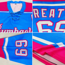 Load image into Gallery viewer, Custom Sky Blue White-Pink Hockey Lace Neck Jersey
