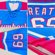 Laden Sie das Bild in den Galerie-Viewer, Custom Sky Blue White-Pink Hockey Lace Neck Jersey
