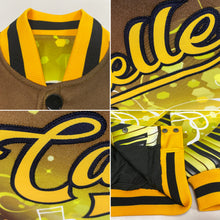 Laden Sie das Bild in den Galerie-Viewer, Custom Brown Gold-Black Piano Music Festival 3D Pattern Design Bomber Full-Snap Varsity Letterman Jacket
