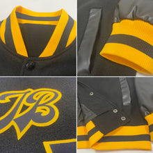 Laden Sie das Bild in den Galerie-Viewer, Custom Black Black-Gold Bomber Full-Snap Varsity Letterman Jacket
