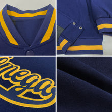 Загрузить изображение в средство просмотра галереи, Custom Navy Navy-Gold Bomber Full-Snap Varsity Letterman Jacket
