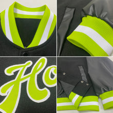 Load image into Gallery viewer, Custom Black Neon Green-White Bomber Full-Snap Varsity Letterman Jacket
