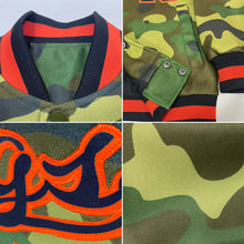 Laden Sie das Bild in den Galerie-Viewer, Custom Camo Black-Orange Bomber Full-Snap Varsity Letterman Salute To Service Jacket
