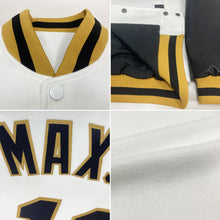Load image into Gallery viewer, Custom White Black-Old Gold Bomber Full-Snap Varsity Letterman Two Tone Jacket
