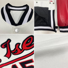 Laden Sie das Bild in den Galerie-Viewer, Custom White Black-Red Bomber Full-Snap Varsity Letterman Two Tone Jacket
