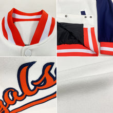 Laden Sie das Bild in den Galerie-Viewer, Custom White Orange-Navy Bomber Full-Snap Varsity Letterman Two Tone Jacket
