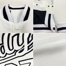 Laden Sie das Bild in den Galerie-Viewer, Custom White White-Black Bomber Full-Snap Varsity Letterman Jacket
