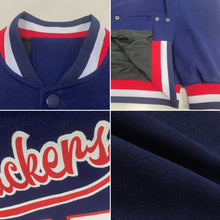 Load image into Gallery viewer, Custom Navy White-Red Bomber Full-Snap Varsity Letterman Jacket
