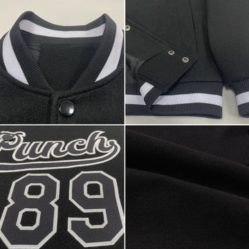 Custom Black Black-White Bomber Full-Snap Varsity Letterman Jacket