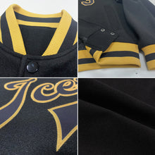 Load image into Gallery viewer, Custom Black Black-Old Gold Bomber Full-Snap Varsity Letterman Jacket
