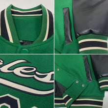 Load image into Gallery viewer, Custom Kelly Green Black-Cream Bomber Full-Snap Varsity Letterman Two Tone Jacket
