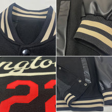 Laden Sie das Bild in den Galerie-Viewer, Custom Black Cream-Red Bomber Full-Snap Varsity Letterman Jacket
