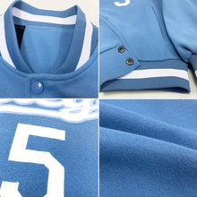 Laden Sie das Bild in den Galerie-Viewer, Custom Light Blue White Bomber Full-Snap Varsity Letterman Jacket
