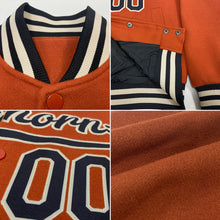 Laden Sie das Bild in den Galerie-Viewer, Custom Texas Orange Black-Cream Bomber Full-Snap Varsity Letterman Jacket
