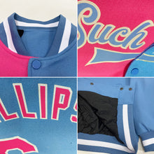 Laden Sie das Bild in den Galerie-Viewer, Custom Light Blue Pink-White Bomber Full-Snap Varsity Letterman Split Fashion Jacket
