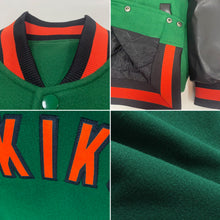 Laden Sie das Bild in den Galerie-Viewer, Custom Kelly Green Orange-Black Bomber Full-Snap Varsity Letterman Two Tone Jacket
