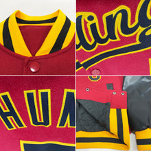Laden Sie das Bild in den Galerie-Viewer, Custom Crimson Black-Gold Bomber Full-Snap Varsity Letterman Two Tone Jacket
