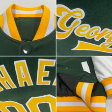 Laden Sie das Bild in den Galerie-Viewer, Custom Green Gold-White Bomber Full-Snap Varsity Letterman Two Tone Jacket
