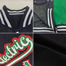 Laden Sie das Bild in den Galerie-Viewer, Custom Black Kelly Green-Red Mexico 3D Bomber Full-Snap Varsity Letterman Two Tone Jacket
