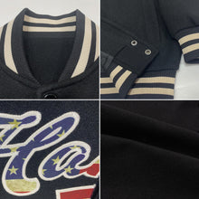 Laden Sie das Bild in den Galerie-Viewer, Custom Black Vintage USA Flag-Cream Bomber Full-Snap Varsity Letterman Jacket
