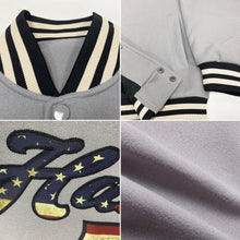 Laden Sie das Bild in den Galerie-Viewer, Custom Gray Vintage USA Flag Black-Cream Bomber Full-Snap Varsity Letterman Jacket
