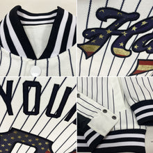 Laden Sie das Bild in den Galerie-Viewer, Custom White Black Pinstripe Vintage USA Flag Bomber Full-Snap Varsity Letterman Jacket
