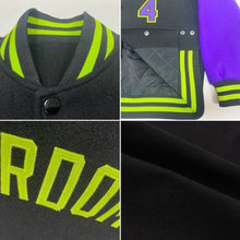 Load image into Gallery viewer, Custom Black Purple-Neon Green Bomber Full-Snap Varsity Letterman Two Tone Jacket
