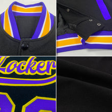 Laden Sie das Bild in den Galerie-Viewer, Custom Black Purple-Gold Bomber Full-Snap Varsity Letterman Two Tone Jacket
